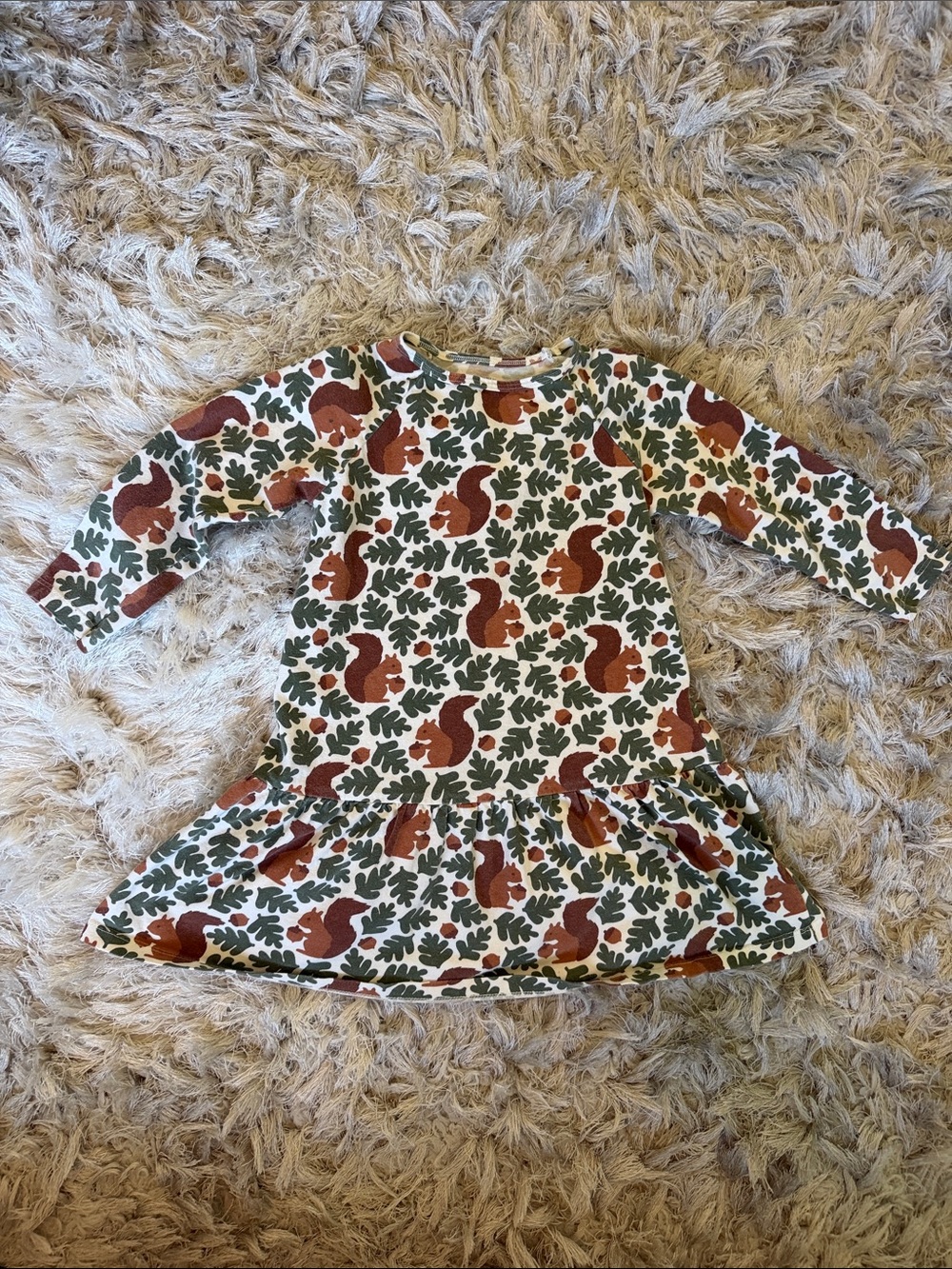 Girls' Cream Dress with Brown Squirrel Print